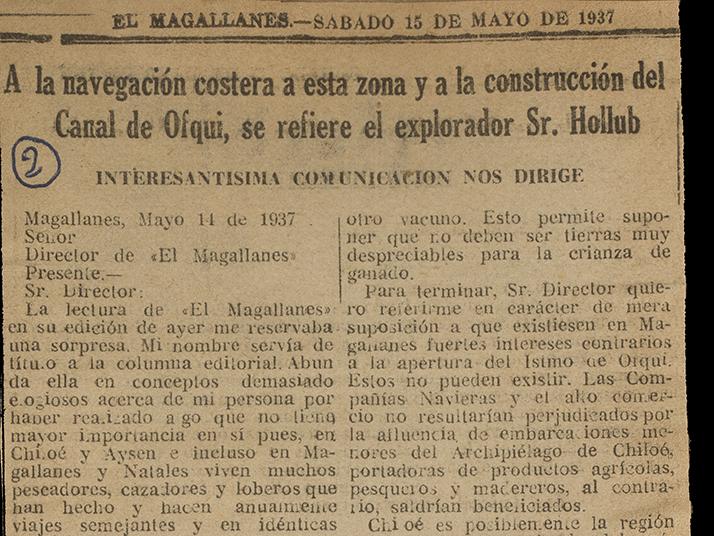 A la navegación costera a esta zona y a la construcción del Canal de Ofqui, se refiere el explorador Sr. Hollub