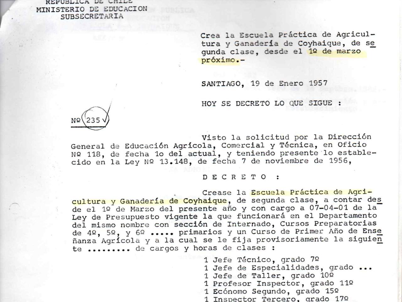 Decreto 235 del Ministerio de Educación que crea la Escuela Agrícola de Coyhaique