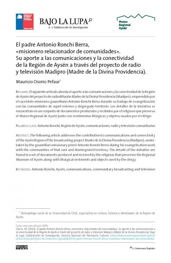 El padre Antonio Ronchi Berra, «misionero relacionador de comunidades». Su aporte a las comunicaciones y la conectividad de la Región de Aysén a través del proyecto de radio y televisión Madipro (Madre de la Divina Providencia).