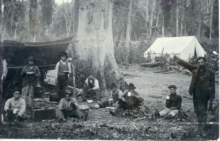 Trabajadores durante la apertura del camino entre el puerto de Aysén y el valle de Coyhaique Trabajadores durante la apertura del camino entre el puerto de Aysén y el valle de Coyhaique