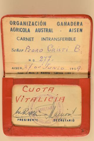 Detalle de Carnet de Socio de OGANA. Pedro Cristi B. Año 1959